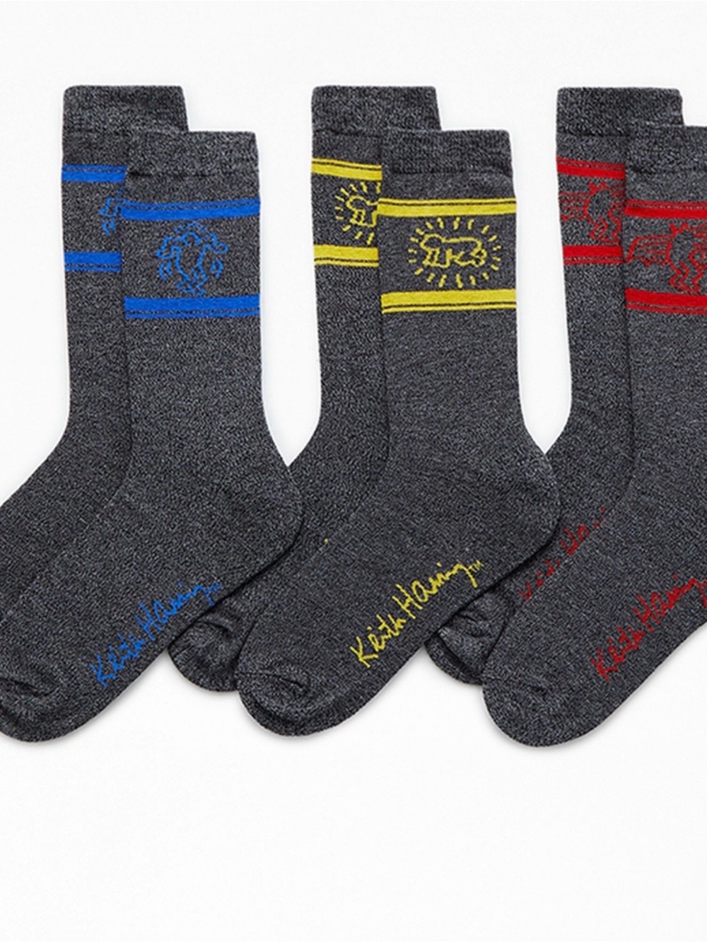 NEW Keith Haring 3 Pack Crew Socks Mens Sz 10-13 Graffiti Art Pop Art Gray Knit